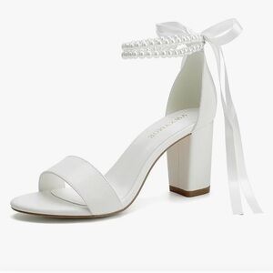 Elegant White Heeled Sandals with Pearl Ankle Strap